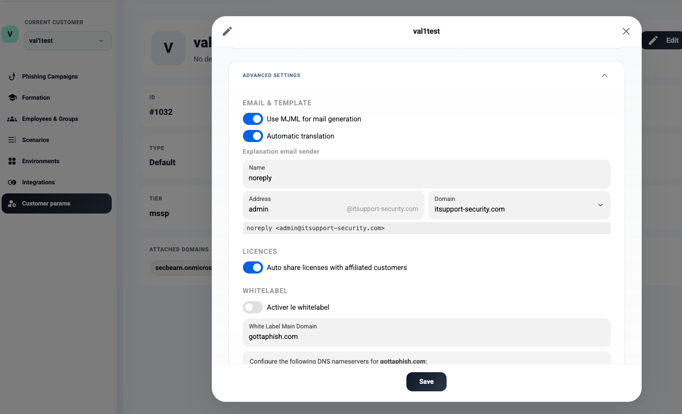 Customer Advanced Settings — Explanation email sender configuration