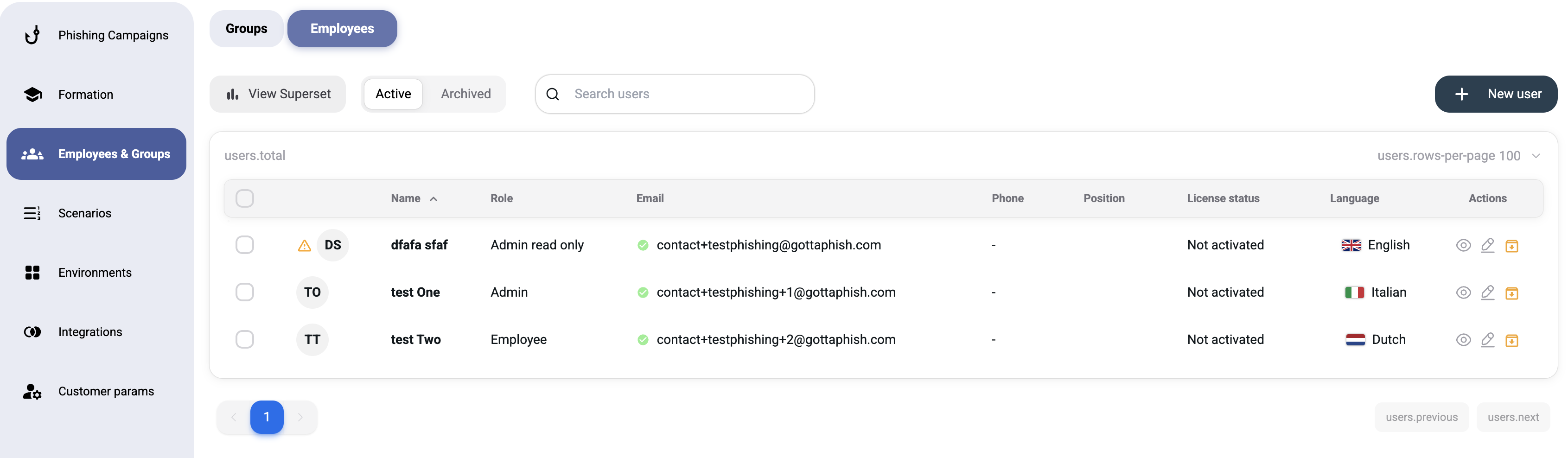 Employees list with Active/Archived tabs, search, and Admin role badges