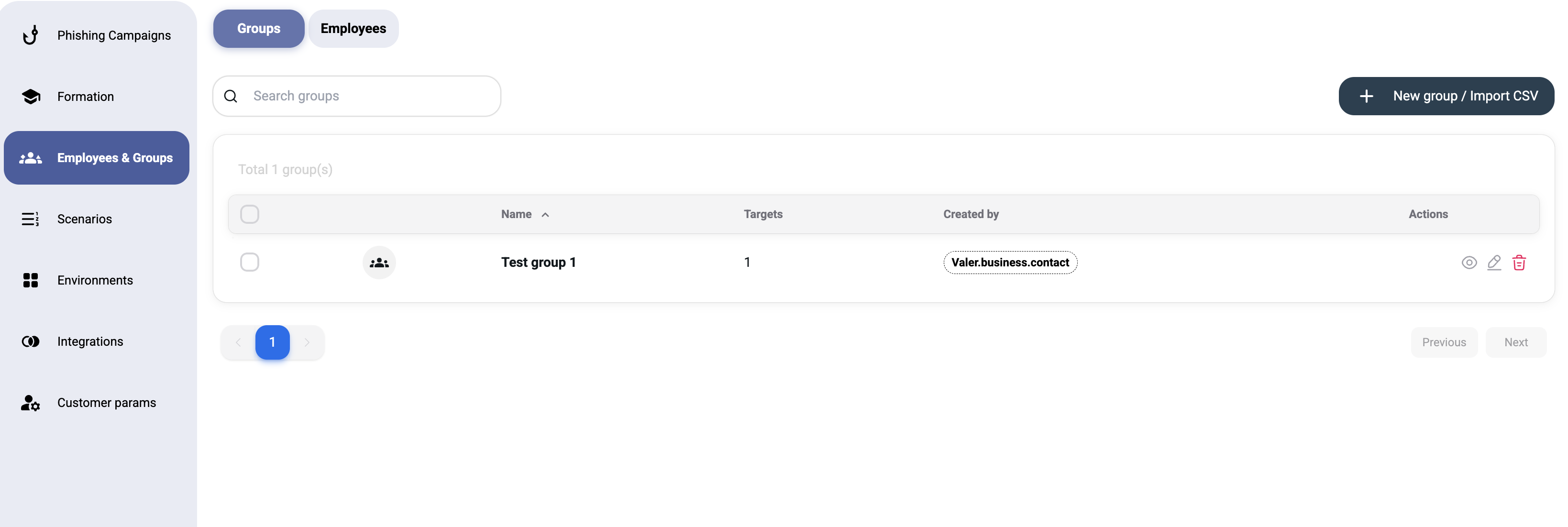 Groups list with search and New group / Import CSV button