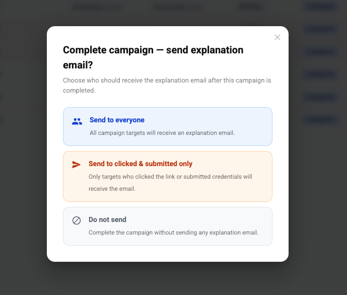 Complete campaign — explanation email delivery options